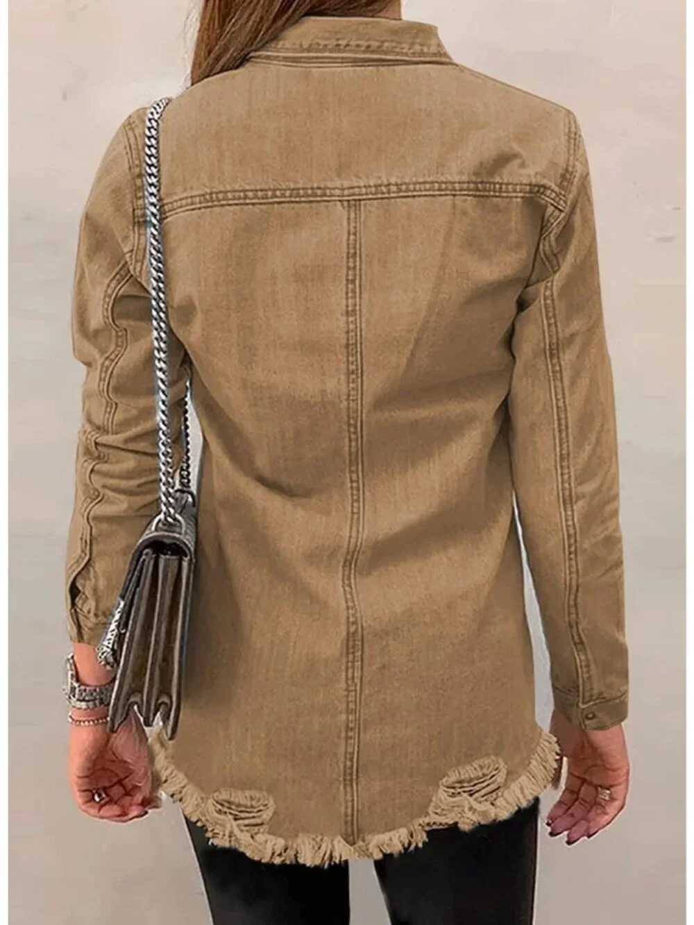 Women's Brown Denim Button Down Oversized Distressed Boyfriend Jean Jacket